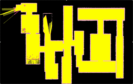 Slika 3. Vizuelizacija rada simuliranog LIDAR senzora: robot (roze tačka) generiše oblak tačaka koji označava zidove lavirinta, dok žute ćelije prikazuju već istražene delove mape.